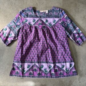 La Cera Blouse India Purple‎ Cotton Floral Hippie Peasant Boho Cottagecore Top M